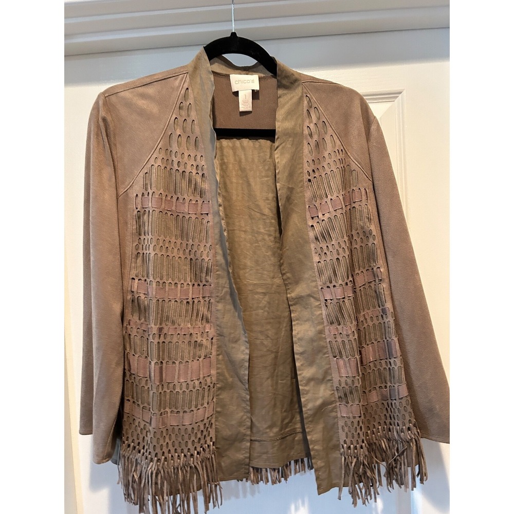 Chico's Faux Suede Fringe Open Top Brown Western Boho Sz 1 Medium Lightweight